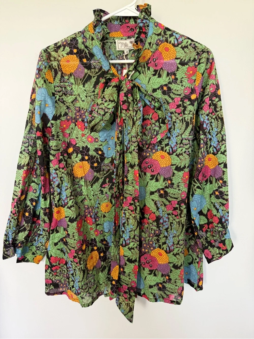 Mille Black Floral Tie-Neck Blouse with Multicolor Botanicals LB004-010 - Picture 1 of 7